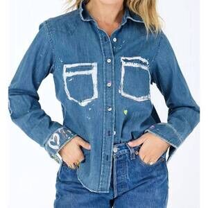 NEW KERRI ROSENTHAL pia western studio shirt in true denim